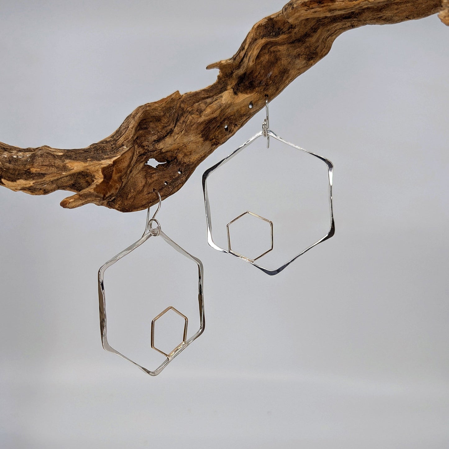 honeycomb hoop earring-Two-Tone (Silver & 14k Gold)-Large-