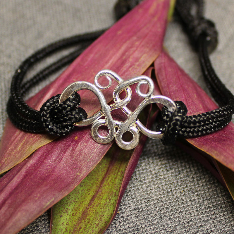 Butterfly jewelry - Black nylon cord bracelet with sterling silver butterfly effect charm.