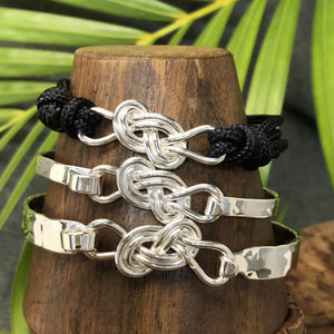 5mm Sterling silver, 8mm Sterling silver and black nylon cord bracelet with Sterling silver double infinity knot design.