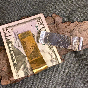 Hammered sterling silver and 14k gold wide money clips.