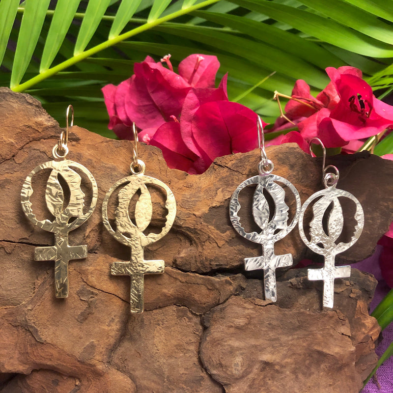 Sterling silver and 14k gold earrings with Women's Coalition venus symbol.